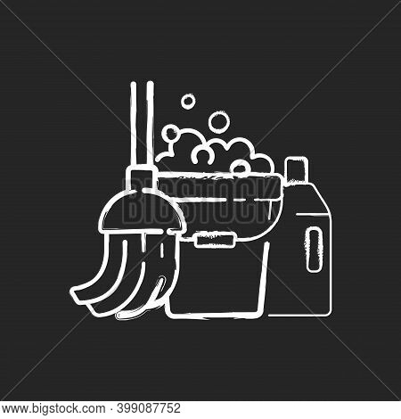 Floor Mopping Chalk White Icon On Black Background. Household Chore, Washing Floors. Domestic Cleanu