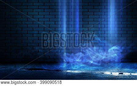 Dark Brick Wall, Blue Neon Light. Rays And Glare Of Light In The Dark. Night View Of A Dark Street, 
