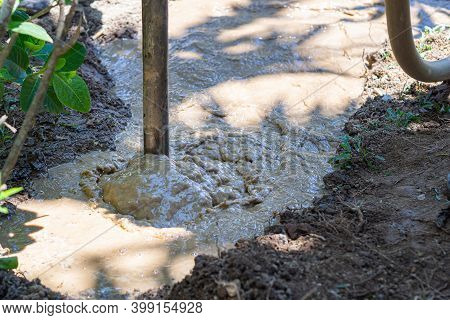 Close-up Of Workers Drilling Groundwater Until Found Water. Groundwater Solves Water Shortage Proble
