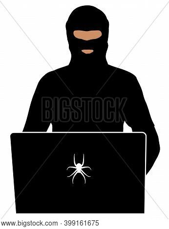 Criminal In Balaclava At Computer. Security Officer At A Laptop. Provocateur In Social Networks Of T