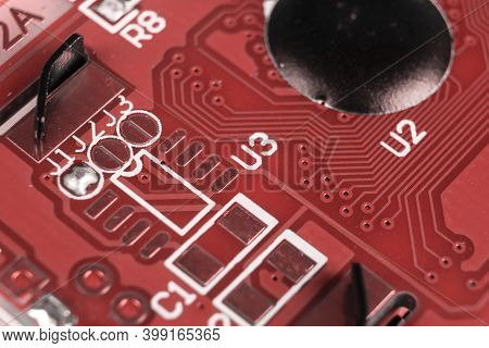 Macro Shot Of Circuit Board With Resistors Microchips And Electronic Components. Integrated Communic