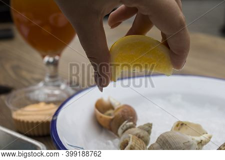 Beer, Sea Snails Bulots And Lemon On The Table