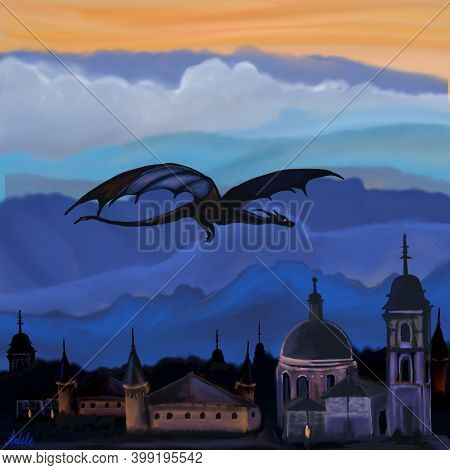 Digital Illistration Of A Magical Dragon Flying Into The Night, Flying Over The Town