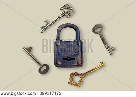 Several Types Of Keys And Master Keys Are On A Gray Background. The Concept About Finding The Key To
