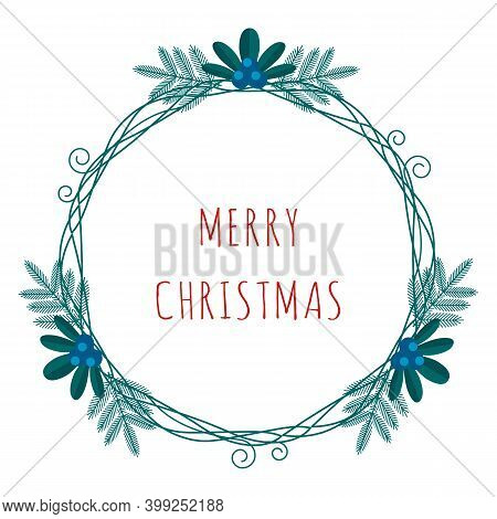 Merry Christmas Greeting Card With Winter Plants Frame In The Modern Flat Style. Stock Vector Illust