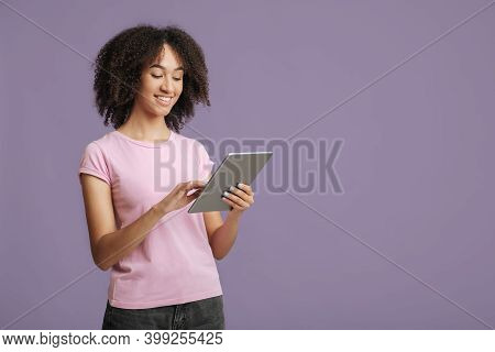 Working Online, Dating And Chatting On Self-isolation. Cheerful Young African American Lady With Cur