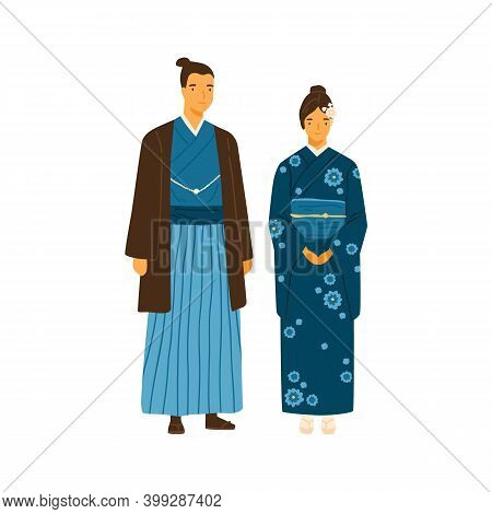 Japanese Couple Wearing Traditional Costumes. Man And Woman In Decorated National Clothes Yukata And