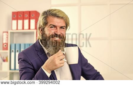 Breakfast Tea. Morning Beverage. Businessman Drink Coffee In Office. Enjoyment. Tea Time. You Have T