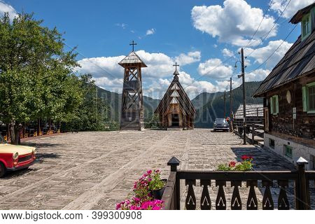 Mokra Gora, Serbia - July 15, 2020: Main Square Kustendorf, Traditional Village Drvengrad.