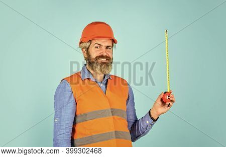 Builder With Tape Measure. Custom Made Furniture. Worker Use Tape Measure. Size Concept. Hipster In 