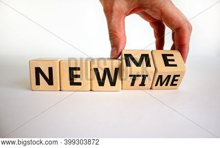 New Me Symbol. Hand Turns Cubes And Changes Words 'new Time' To 'new Me'. Beautiful White Background