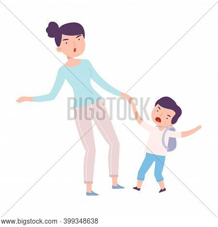 Mom Accompanying Her Crying Son To School Or Kindergarten, Parent Taking Upset Kid To Lesson Cartoon