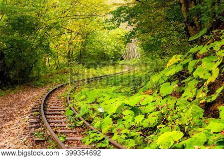 Abandoned Railway In Autumn Mountain Forest With Foliar Trees In Caucasus, Mezmay.