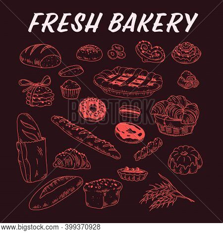 Collection Of Hand Drawn Baked Goods Outline Bread, Cookies, Donuts, Cupcakes, Buns Objects Isolated