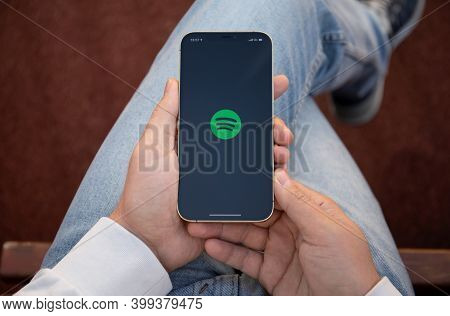 Alanya, Turkey - December 5, 2020: Man Holding Iphone 11 Pro Max Gold With Cloud Audio Streaming And