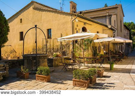 Bagno Vignoni, Italy - September 3rd 2020. A bar in the historic village of Bagno Vignoni in Val d\'Orcia, Siena Province, Tuscany, famous for its hot springs