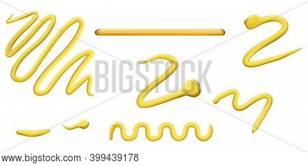 Mustard Zigzag Strips, Food Condiment Realistic Design Elements Set Isolated On White. Vector Illust