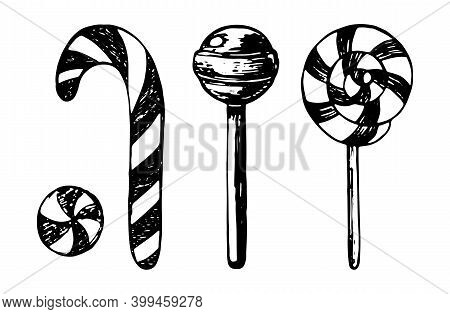 Candy Sketch Collection. Hand Drawn Line Art Elements Set. Black And White Candies. Caramel, Lollipo
