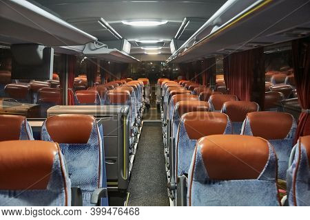 Bus interior, empty seats with no passangers