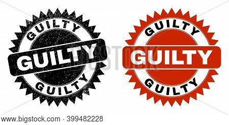 Black Rosette Guilty Seal. Flat Vector Textured Seal With Guilty Caption Inside Sharp Rosette, And O
