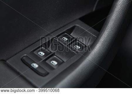 Novosibirsk, Russia - December 12, 2020: Skoda Rapid, Closeup Of A Door Control Panel In A New Car. 