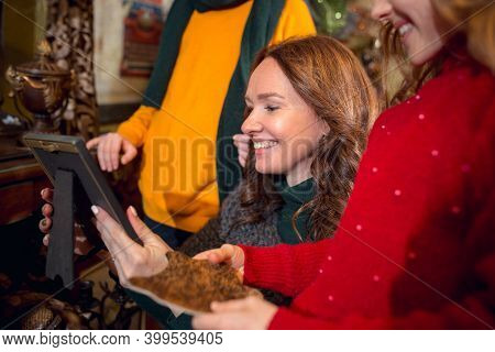 Frames. Cheerful Family, Mother And Kids Looking For Home Decoration And Holidays Gifts In Household