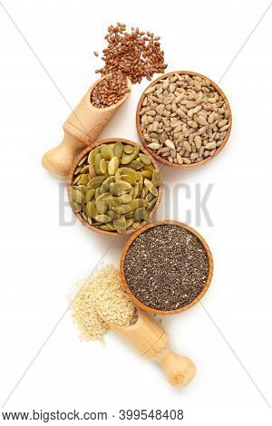 Healthy Superfood: Sesame, Pumpkin Seeds, Sunflower Seeds, Flax Seeds And Chia Isolated On White. To