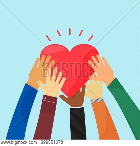 Ampathy And Charity. Heart Holding By Different Hands. Vector Concept Love, Volunteer, Community Chr