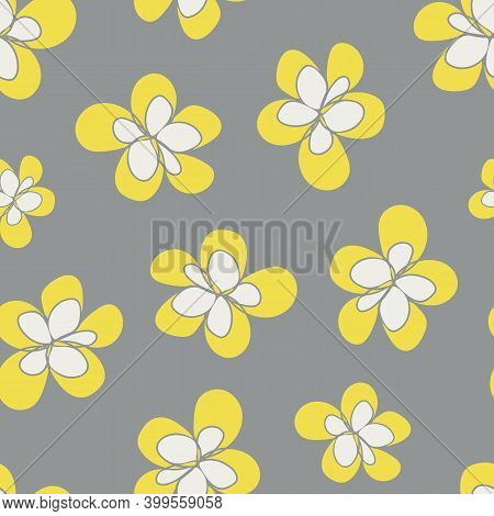 Yelllow Grey Flowers Seamless Vector Pattern Background. Fun Simple Organic Hand Drawn Floral Backdr