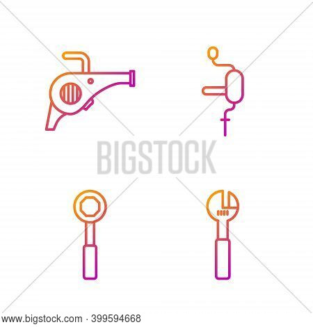 Set Line Adjustable Wrench, Wrench Spanner, Leaf Garden Blower And Hand Drill. Gradient Color Icons.