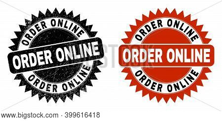 Black Rosette Order Online Seal Stamp. Flat Vector Textured Seal Stamp With Order Online Message Ins