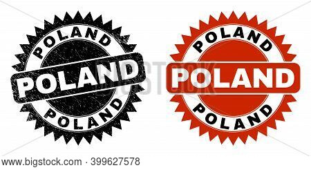 Black Rosette Poland Stamp. Flat Vector Grunge Stamp With Poland Caption Inside Sharp Rosette, And O