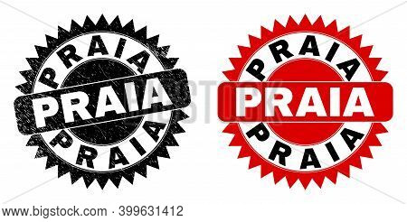 Black Rosette Praia Watermark. Flat Vector Grunge Seal With Praia Phrase Inside Sharp Rosette, And O