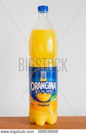 Pruszcz Gdanski, Poland - July 11, 2020: Bottle Of Orangina Orane Drink.