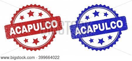 Rosette Acapulco Seal Stamps. Flat Vector Scratched Seal Stamps With Acapulco Phrase Inside Rosette 