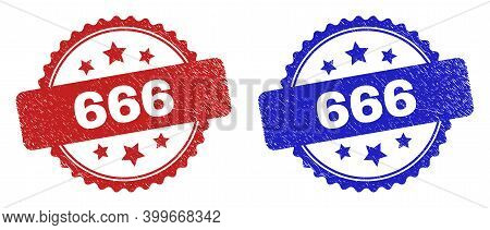 Rosette 666 Seal Stamps. Flat Vector Scratched Seal Stamps With 666 Phrase Inside Rosette Shape With