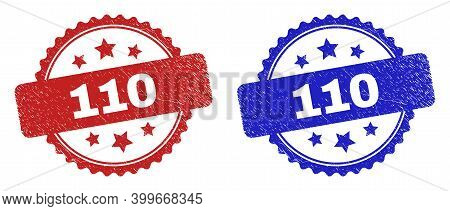 Rosette 110 Seal Stamps. Flat Vector Grunge Seals With 110 Text Inside Rosette With Stars, In Blue A