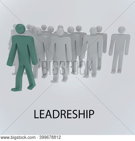 3d Illustration Of 15 Gray Human Silhouettes Following A Green Human Silhouette Along With A Leadres