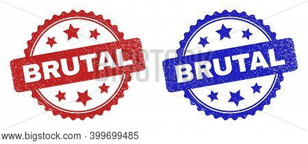 Rosette Brutal Seals. Flat Vector Distress Watermarks With Brutal Message Inside Rosette With Stars,