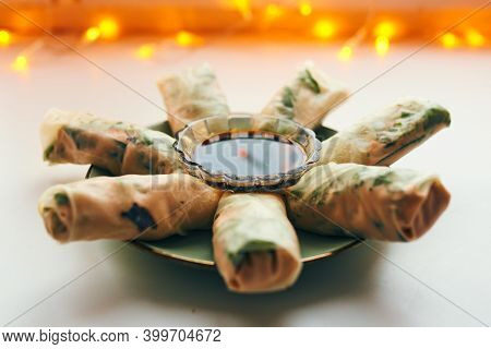 Fresh Vegetarian And Vegan Spring Roll With Cucumber, Tofu And Cashew And Ginger Sauce . Vietnamese 