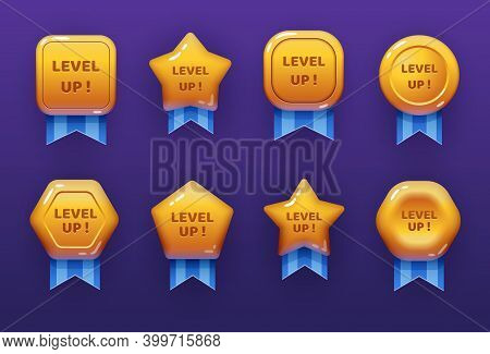 Level Up Ui Game Icons, Casino Bonus Vector Stars, Golden Labels With Blue Award Ribbon. Medal For A