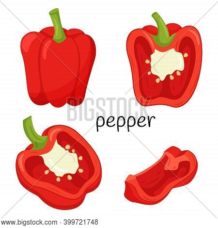 Fresh Red Pepper. Whole, Half In Cross-section And A Quarter Slice. Ingredient, An Element For The D