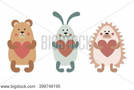 Woodland Animals Set In Boho Colors. Valentine's Day. Baby Shower. Baby Bear, Bunny And Hedgehog Hol