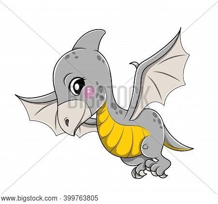 Funny Cartoon Flying Baby Pterosauria Or Pterodactyl Dinosaur Or Baby Dragon. Vector Illustration Is