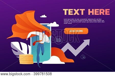 Super Business Man Run Out Of Mobile Phone App. Vector Illustration For Web Banner, Infographics, Mo