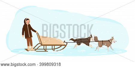 Eskimo Man Riding In A Sledge Pulled By Dogs. Northern Indigenous In Traditional Folk Costume. Flat 