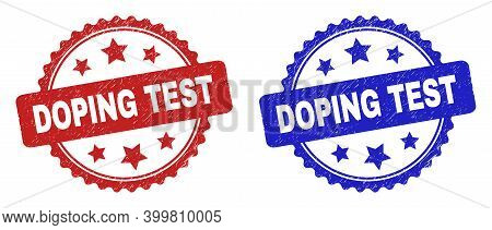Rosette Doping Test Stamps. Flat Vector Distress Seal Stamps With Doping Test Phrase Inside Rosette 