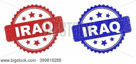 Rosette Iraq Seal Stamps. Flat Vector Distress Watermarks With Iraq Message Inside Rosette With Star