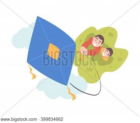 Dad And His Son Playing Kite, View From Above Of Man And Boy Watching At Flying Kite Cartoon Style V