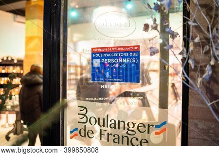 Strasbourg, France - Dec 4, 2020: Boulanger De France Bakery Entrance With Signage No More Than 7 Pe